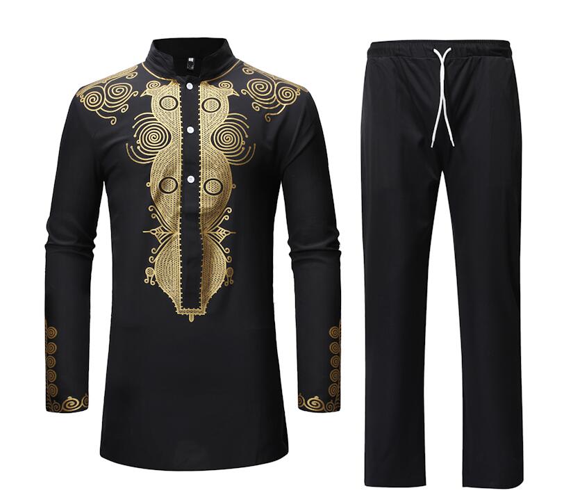 African Dashiki Shirt Top Pant Set 2 Piece Outfit Set African Men Clothes 2019 Brand New Long Sleeve Dashiki Shirt with Trouser