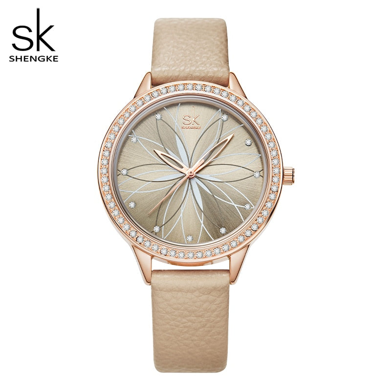 Shengke Women Watches Linear Flowers Surface Leather Watches Crystal Case Japan Quartz Movement Reloj Mujer Montres Femmes