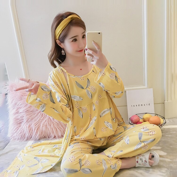 Women's Pajama Set Sleepwear Suit Long-Sleeve Underwear 3 Pieces Loungewear Floral Printing Pyjamas for Ladies Autumn Homewear