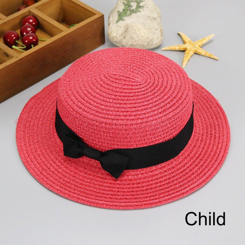 HUISHI Hat Straw Colorful Bowtie Parent-child Beach Cap Ladies Fashion Flat Brim Summer Straw Panama Cap Women Girls Sun Hat