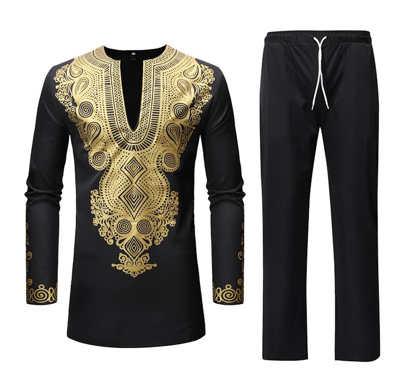 African Dashiki Shirt Top Pant Set 2 Piece Outfit Set African Men Clothes 2019 Brand New Long Sleeve Dashiki Shirt with Trouser