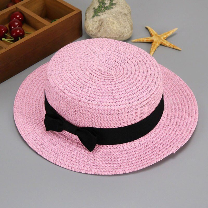 HUISHI Hat Straw Colorful Bowtie Parent-child Beach Cap Ladies Fashion Flat Brim Summer Straw Panama Cap Women Girls Sun Hat