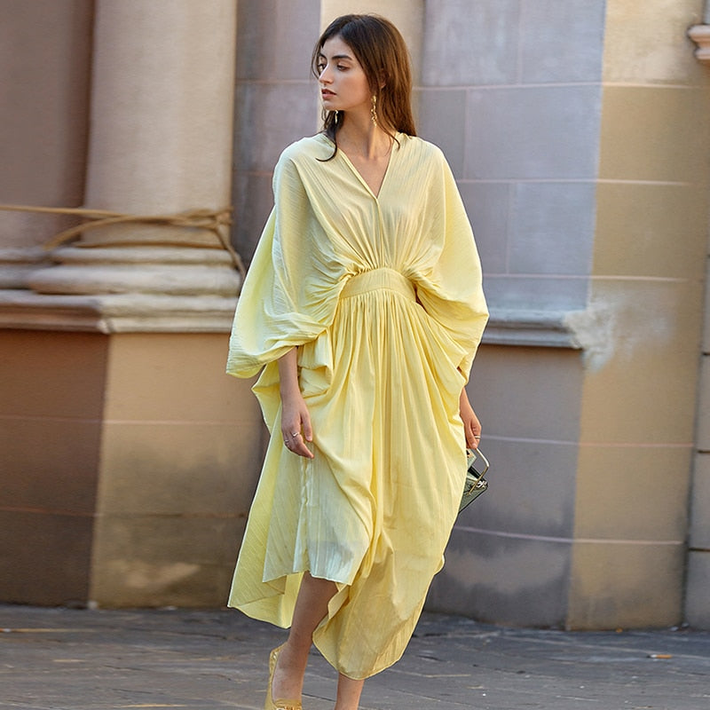 TWOTWINSTYLE Casual Dresses Female V Neck Lantern Long Sleeve High Waist Irregular Hem Ruched Summer Dress Women Fashion Clothes