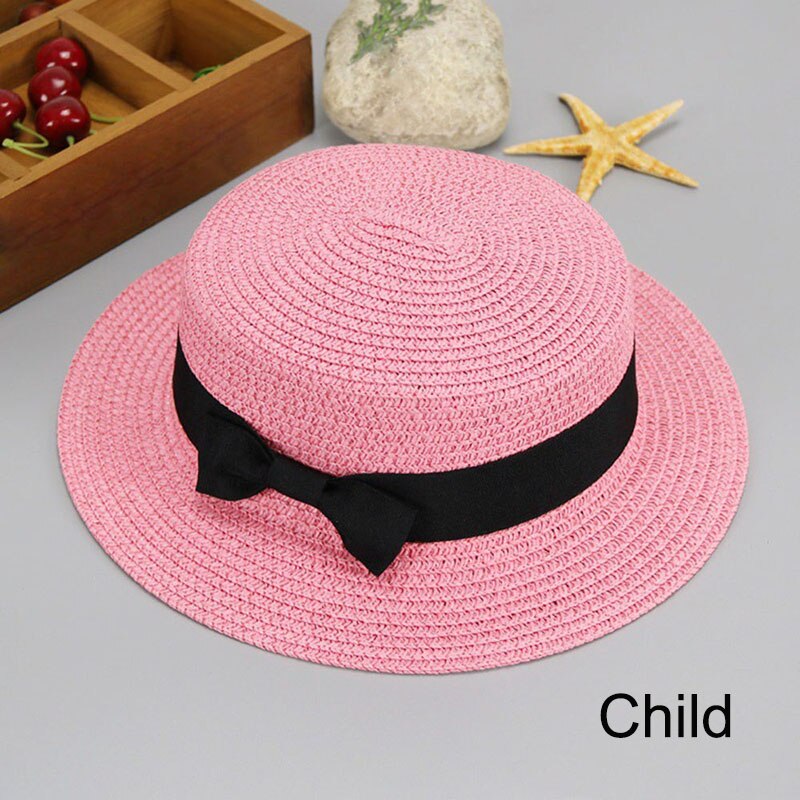 HUISHI Hat Straw Colorful Bowtie Parent-child Beach Cap Ladies Fashion Flat Brim Summer Straw Panama Cap Women Girls Sun Hat
