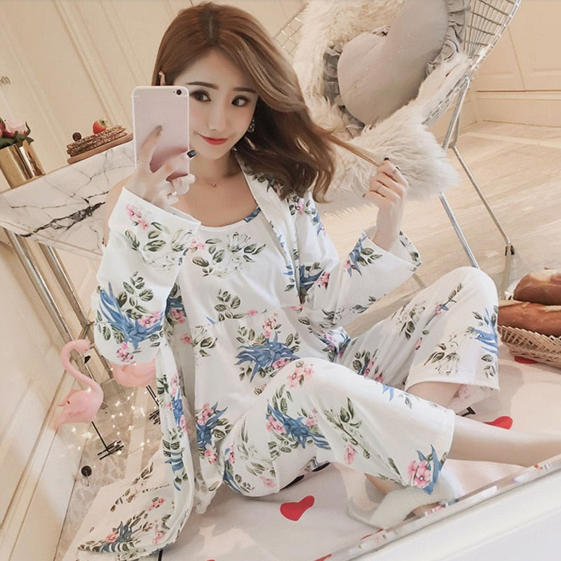 Women's Pajama Set Sleepwear Suit Long-Sleeve Underwear 3 Pieces Loungewear Floral Printing Pyjamas for Ladies Autumn Homewear