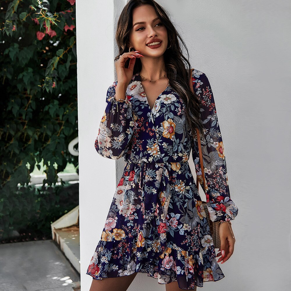 Ladies Floral Print Women Chiffon Dress Casual Slim Long Sleeve High Waist Short Mini Spring Summer Women Dress Vestidos Female