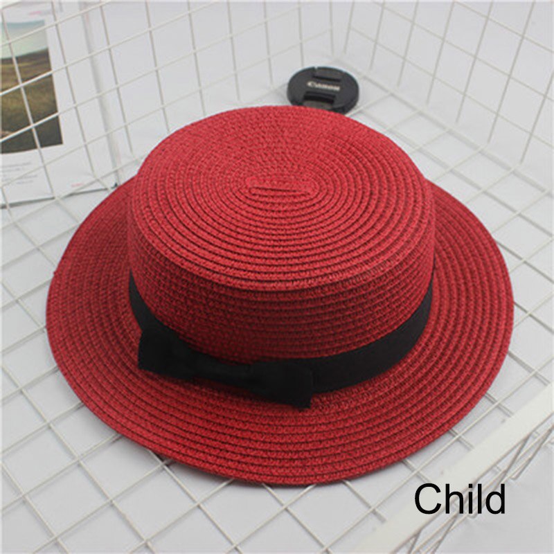 HUISHI Hat Straw Colorful Bowtie Parent-child Beach Cap Ladies Fashion Flat Brim Summer Straw Panama Cap Women Girls Sun Hat
