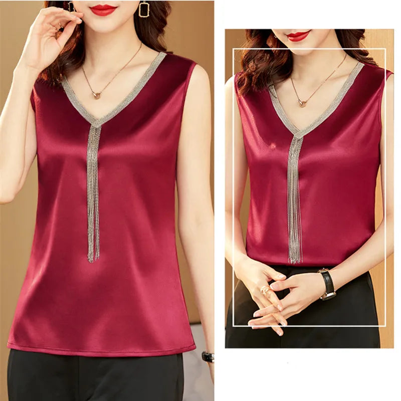 Fashion Crop Top Women V-neck Tassel Women's T-shirt Solid Vest Ladies Tops Summer Tank Top Chiffon Blouse White Woman Clothes
