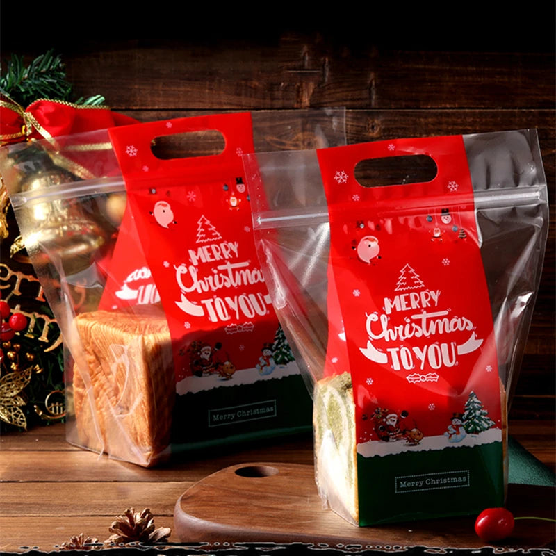 StoBag 50pcs New Year Christmas Bread Packaging Bags Hnadle Santa Claus Toast Supplies For Home Handmade Gift