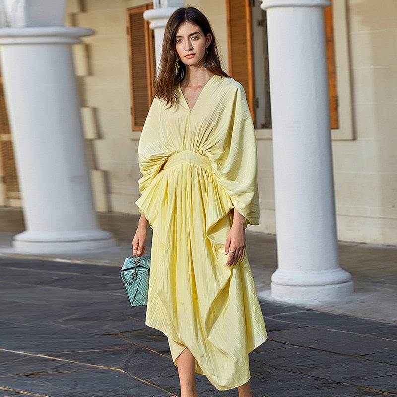 TWOTWINSTYLE Casual Dresses Female V Neck Lantern Long Sleeve High Waist Irregular Hem Ruched Summer Dress Women Fashion Clothes