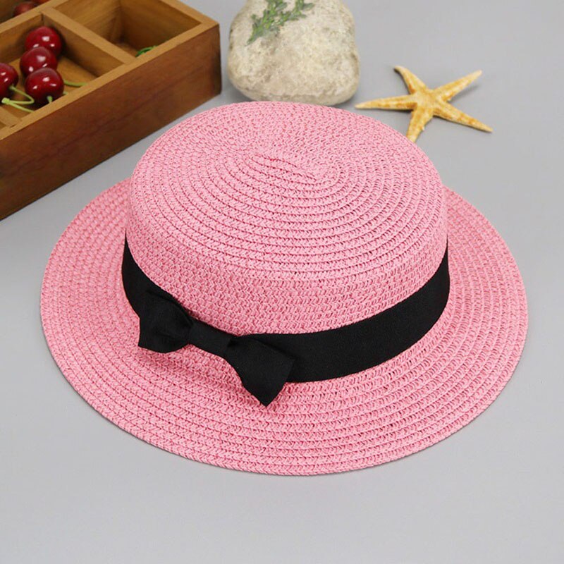 HUISHI Hat Straw Colorful Bowtie Parent-child Beach Cap Ladies Fashion Flat Brim Summer Straw Panama Cap Women Girls Sun Hat