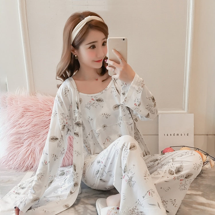 Women's Pajama Set Sleepwear Suit Long-Sleeve Underwear 3 Pieces Loungewear Floral Printing Pyjamas for Ladies Autumn Homewear