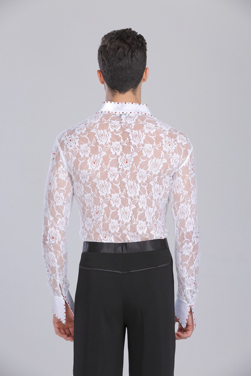 Men's Professional Latin Lace Shirts Deep V Neck Tuxedo Leotard Shirt Male Long Sleeve Salsa Samba Chacha Modern Dance Chemise