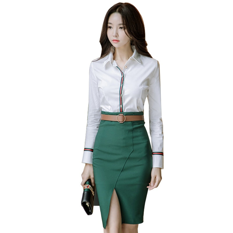2 Piece Set Women Suit 202 Spring Office Long Sleeves White Shirt Blouse Tops and Green Pencil Skirts Crop Top and Skirt Set