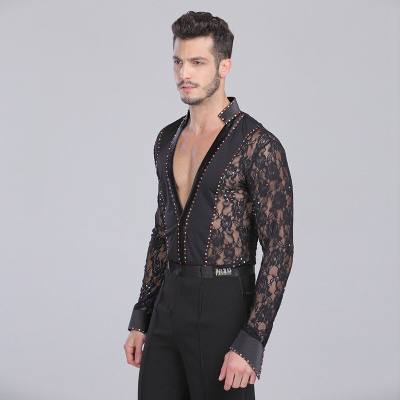 Men's Professional Latin Lace Shirts Deep V Neck Tuxedo Leotard Shirt Male Long Sleeve Salsa Samba Chacha Modern Dance Chemise