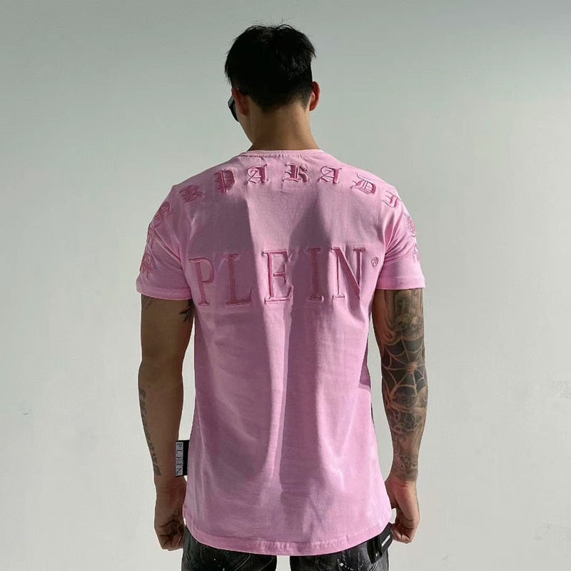tshirt men cartoon rhinestones teddy bear plein embroidey summer casual wear cotton shortsleeve pink paradise men clothing new