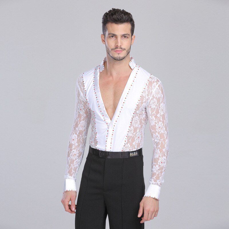 Men's Professional Latin Lace Shirts Deep V Neck Tuxedo Leotard Shirt Male Long Sleeve Salsa Samba Chacha Modern Dance Chemise