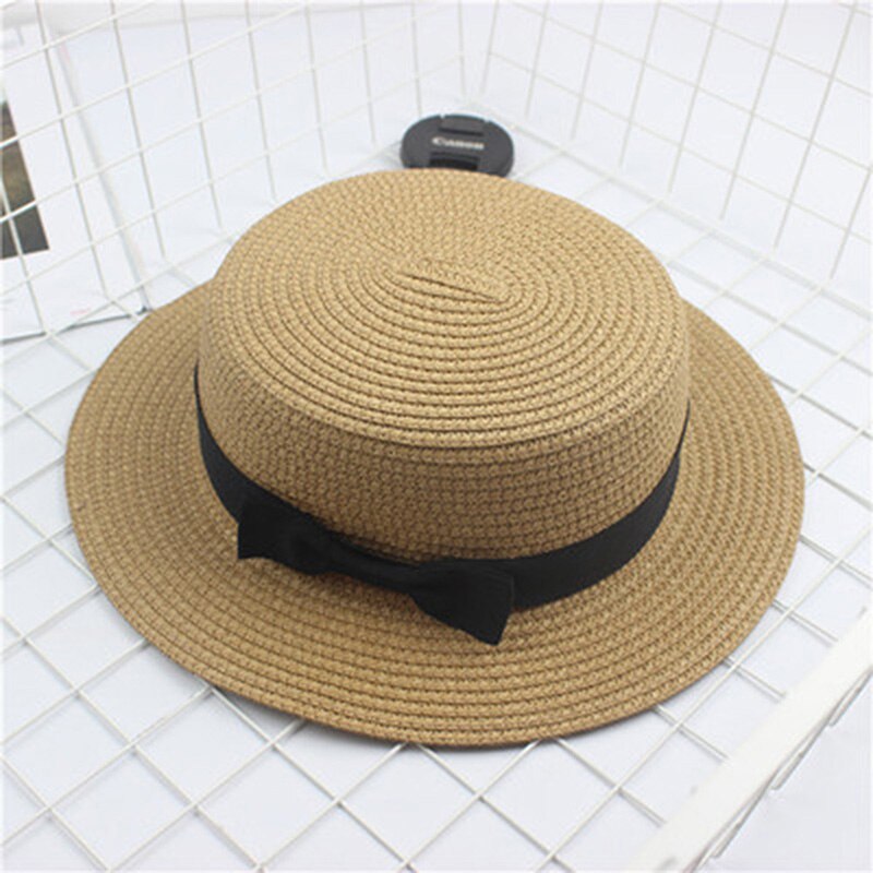 HUISHI Hat Straw Colorful Bowtie Parent-child Beach Cap Ladies Fashion Flat Brim Summer Straw Panama Cap Women Girls Sun Hat