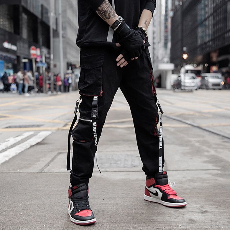 Men Hip Hop Black Cargo Pants joggers Sweatpants Overalls Men Ribbons Streetwear Harem Pants Women Fashions Trousers