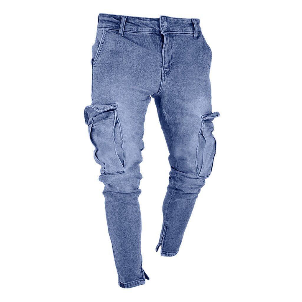 Men's Casual Skinny Denim Trousers High Street Hip Hop Pure Color Jeans Pocket Zipper Slim Fit Hole Shredded Long Pants