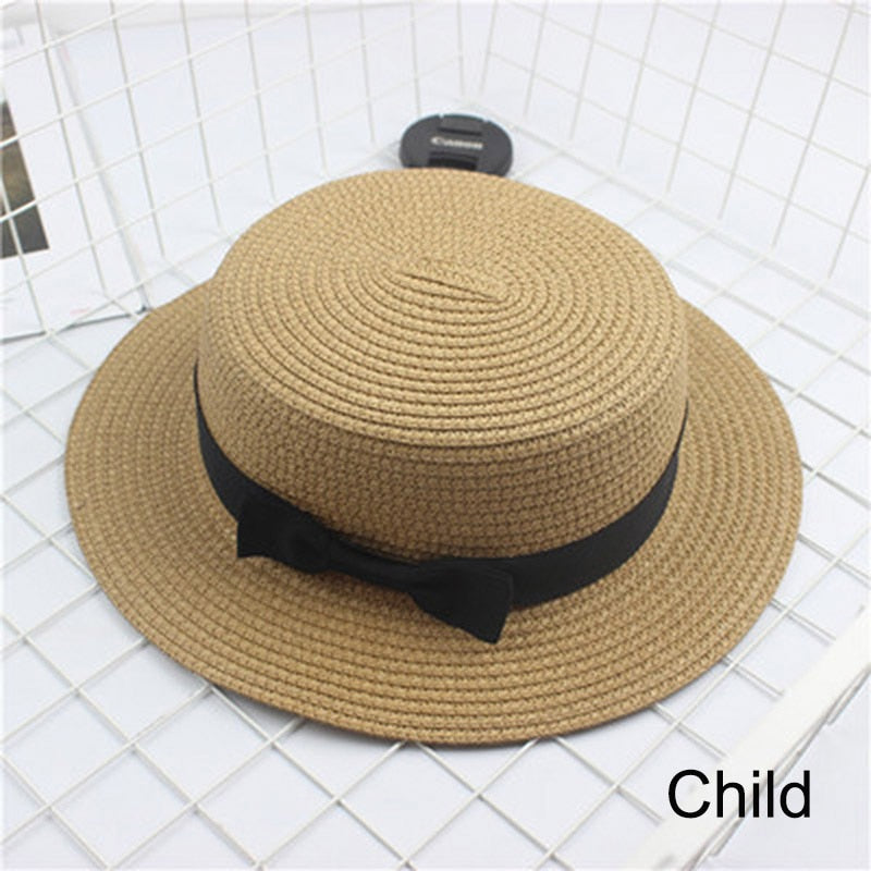 HUISHI Hat Straw Colorful Bowtie Parent-child Beach Cap Ladies Fashion Flat Brim Summer Straw Panama Cap Women Girls Sun Hat