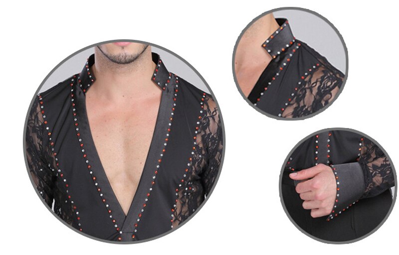 Men's Professional Latin Lace Shirts Deep V Neck Tuxedo Leotard Shirt Male Long Sleeve Salsa Samba Chacha Modern Dance Chemise