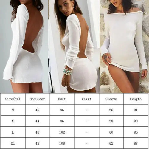 Women Sexy Backless Bodycon Mini Dress Solid Color Round Neck Long Sleeve Slim Fit Beach Dress Holiday Party Wear Streetwear