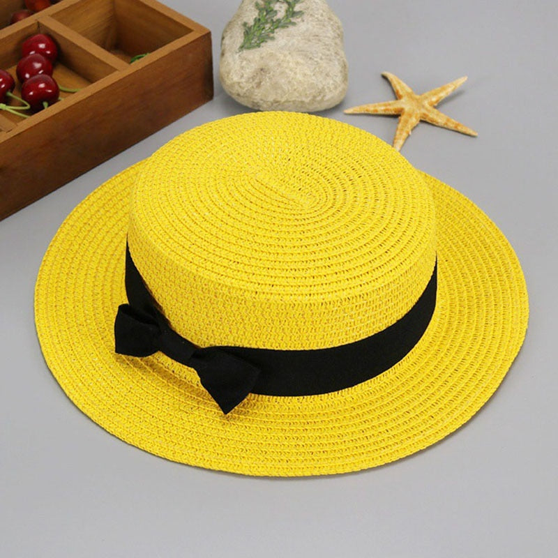 HUISHI Hat Straw Colorful Bowtie Parent-child Beach Cap Ladies Fashion Flat Brim Summer Straw Panama Cap Women Girls Sun Hat