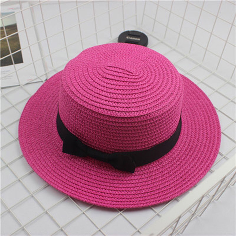 HUISHI Hat Straw Colorful Bowtie Parent-child Beach Cap Ladies Fashion Flat Brim Summer Straw Panama Cap Women Girls Sun Hat