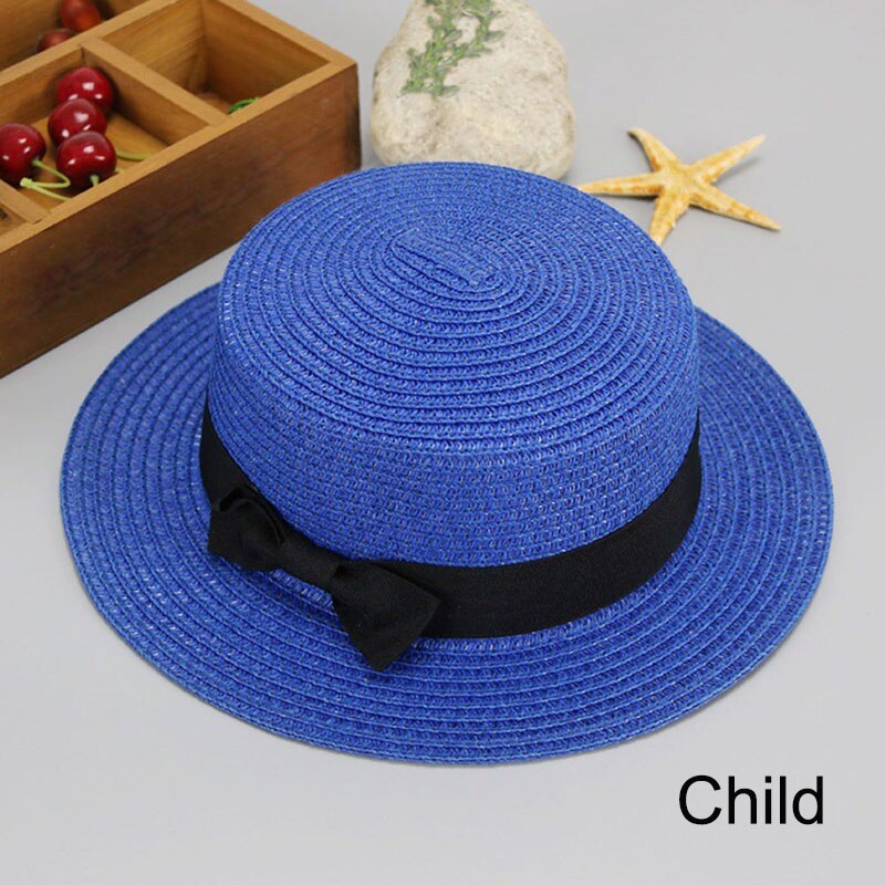 HUISHI Hat Straw Colorful Bowtie Parent-child Beach Cap Ladies Fashion Flat Brim Summer Straw Panama Cap Women Girls Sun Hat