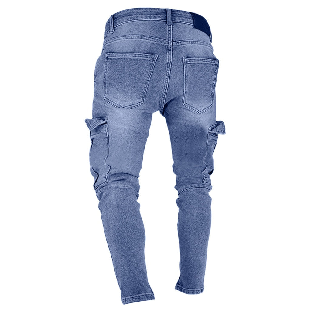 Men's Casual Skinny Denim Trousers High Street Hip Hop Pure Color Jeans Pocket Zipper Slim Fit Hole Shredded Long Pants