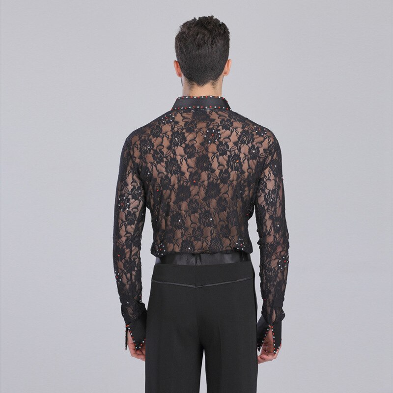 Men's Professional Latin Lace Shirts Deep V Neck Tuxedo Leotard Shirt Male Long Sleeve Salsa Samba Chacha Modern Dance Chemise