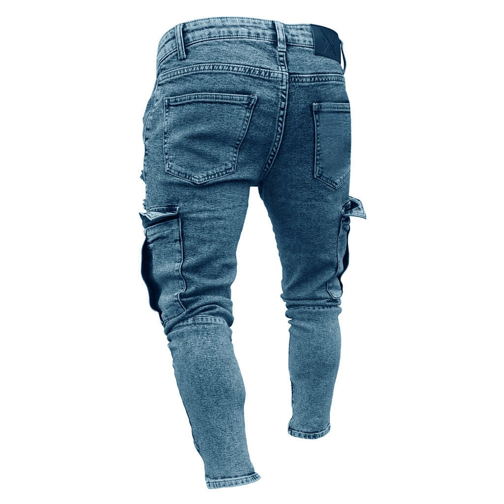 Men's Casual Skinny Denim Trousers High Street Hip Hop Pure Color Jeans Pocket Zipper Slim Fit Hole Shredded Long Pants