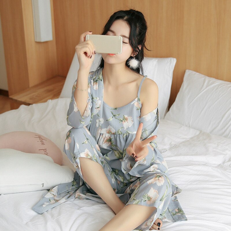 Women's Pajama Set Sleepwear Suit Long-Sleeve Underwear 3 Pieces Loungewear Floral Printing Pyjamas for Ladies Autumn Homewear