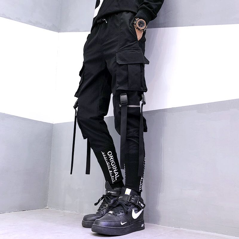 Men Hip Hop Black Cargo Pants joggers Sweatpants Overalls Men Ribbons Streetwear Harem Pants Women Fashions Trousers