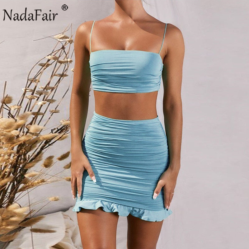 Nadafair Sexy Summer Two Piece Set Women Outfit Strap White Crop Top And Bodycon Skirt Ruffles Ruched Mini Party Club Women Set
