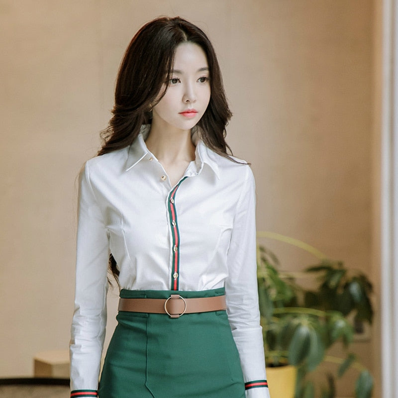 2 Piece Set Women Suit 202 Spring Office Long Sleeves White Shirt Blouse Tops and Green Pencil Skirts Crop Top and Skirt Set