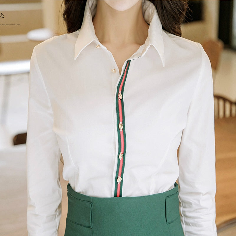 2 Piece Set Women Suit 202 Spring Office Long Sleeves White Shirt Blouse Tops and Green Pencil Skirts Crop Top and Skirt Set
