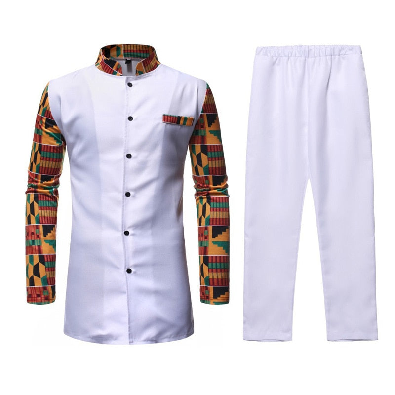 African Dashiki Shirt Top Pant Set 2 Piece Outfit Set African Men Clothes 2019 Brand New Long Sleeve Dashiki Shirt with Trouser