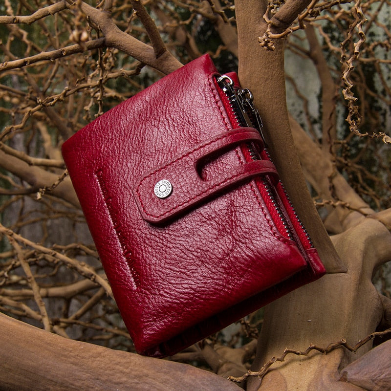 Contact'S Genuine Leather Fashion Short Wallet Women Zipper Mini RFID Blocking Coin Purse Card Holder Wallets for Women