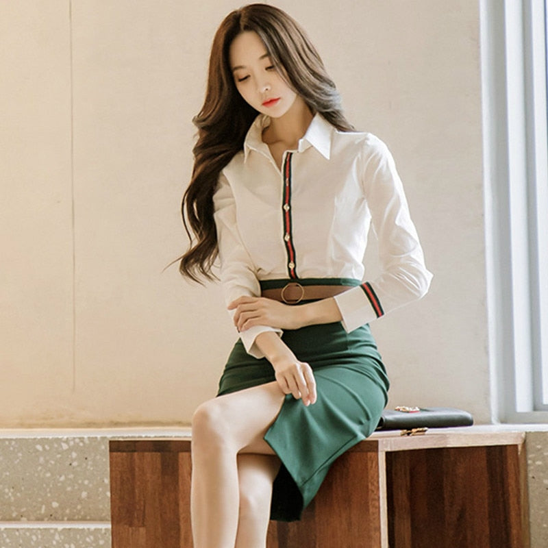 2 Piece Set Women Suit 202 Spring Office Long Sleeves White Shirt Blouse Tops and Green Pencil Skirts Crop Top and Skirt Set