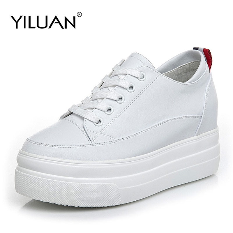 Yiluan Genuine Leather Women's White Shoes Platform Sneakers 2019 Spring autumn Fashion Women Black Increase Casual Shoes Woman