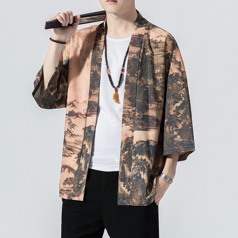 2023 Original Men Japan Style Kimono Cardigan Shirt Coat Traditional Loose Printing Fashion Casual Thin Jacket Summer Outerwear