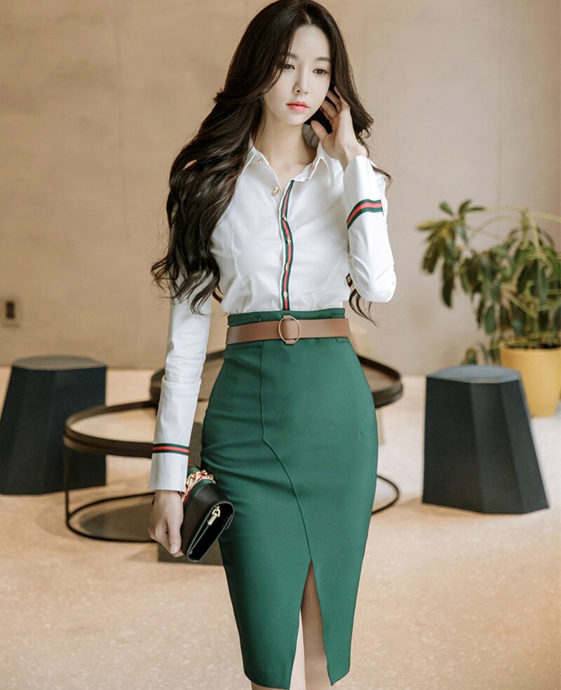 2 Piece Set Women Suit 202 Spring Office Long Sleeves White Shirt Blouse Tops and Green Pencil Skirts Crop Top and Skirt Set