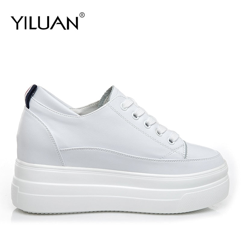 Yiluan Genuine Leather Women's White Shoes Platform Sneakers 2019 Spring autumn Fashion Women Black Increase Casual Shoes Woman
