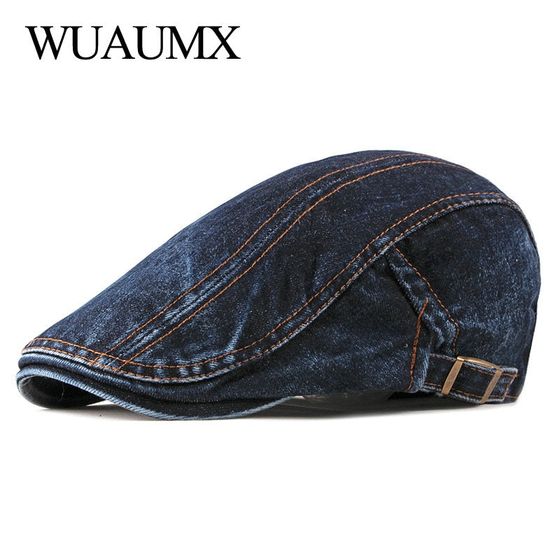 Wuaumx Casual Spring Summer Berets Hat Men Women Denim Newsboy Caps Visors Cotton Cabbie Herringbone Cap Duckbill Ivy Flat Cap
