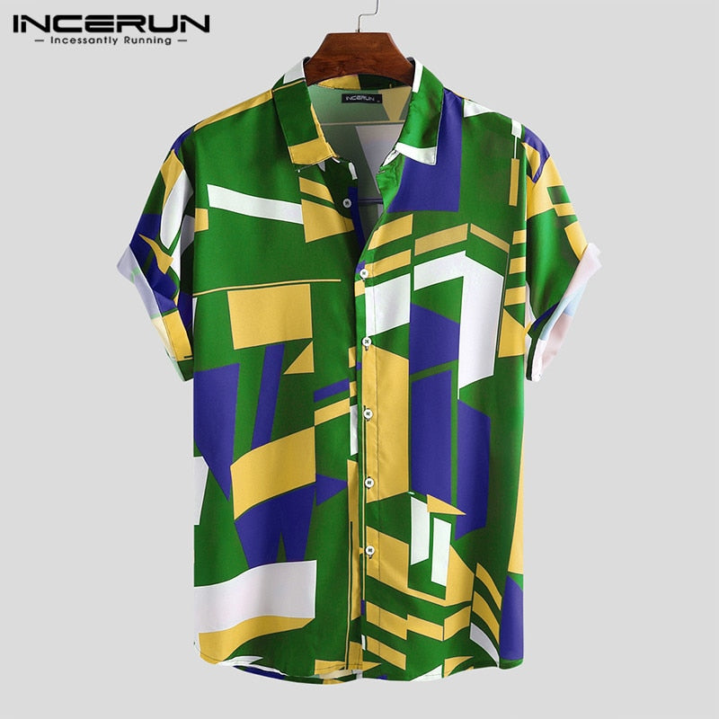 INCERUN Summer Men Beach Shirt Geometric Print Short Sleeve Lapel Neck Button Leisure Hawaiian Shirts Men 2023 Streetwear S-5XL