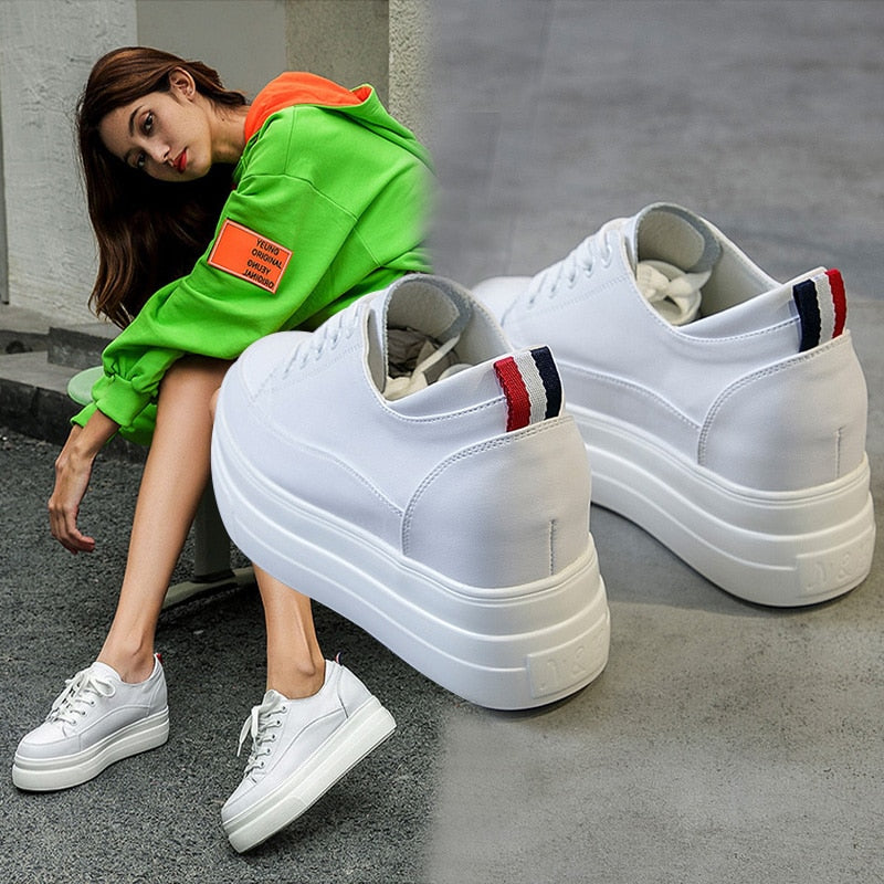 Yiluan Genuine Leather Women's White Shoes Platform Sneakers 2019 Spring autumn Fashion Women Black Increase Casual Shoes Woman