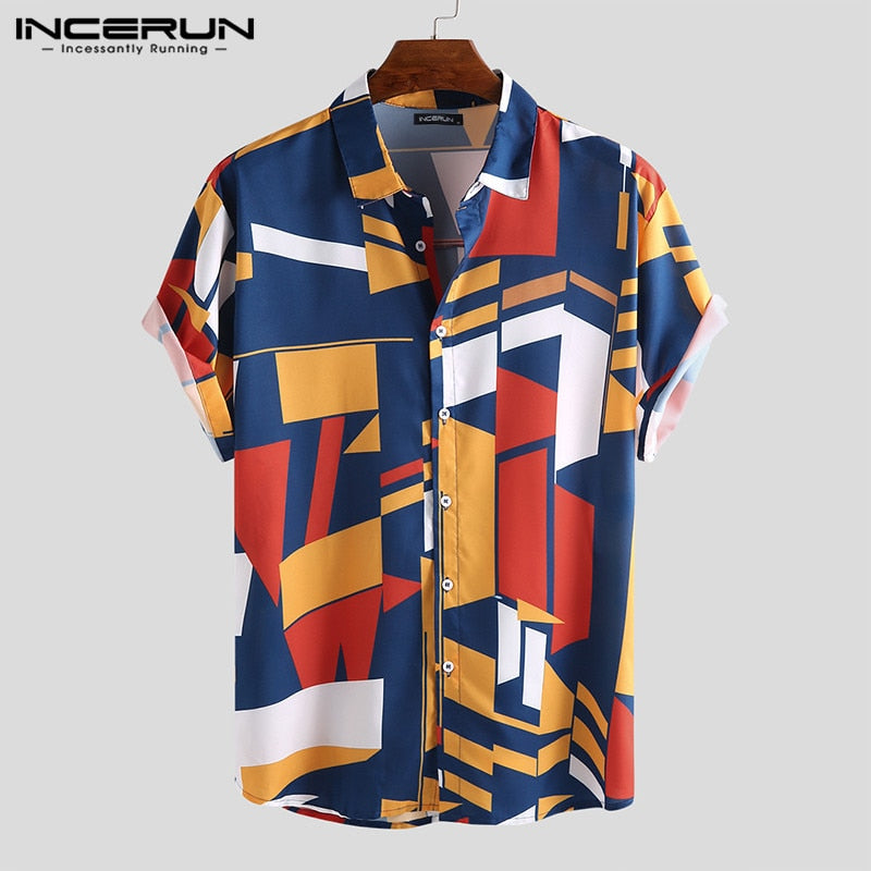 INCERUN Summer Men Beach Shirt Geometric Print Short Sleeve Lapel Neck Button Leisure Hawaiian Shirts Men 2023 Streetwear S-5XL