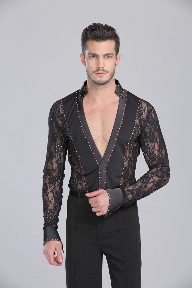 Men's Professional Latin Lace Shirts Deep V Neck Tuxedo Leotard Shirt Male Long Sleeve Salsa Samba Chacha Modern Dance Chemise
